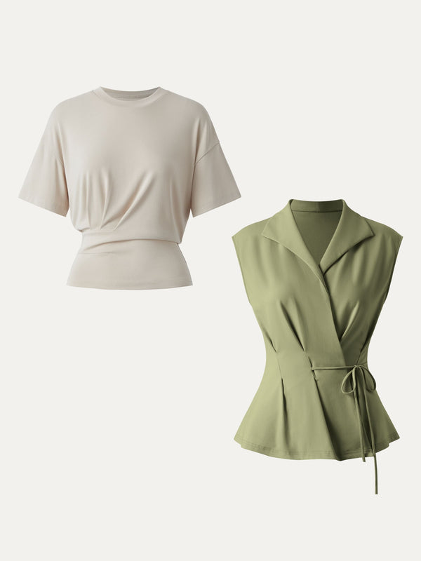 2Pcs Set Flap Collar Surplice Top with Drawstring Tie & Crewneck Tucked Tee Morning Mist/Tate Olive XS