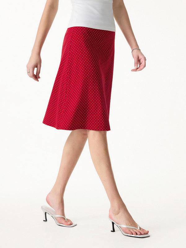 2Pcs Set Stretch Cotton Polka Dot Boatneck Ruched Bra Top & A-Line Flare Skirt