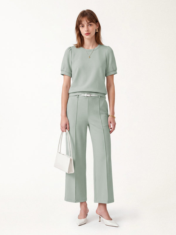 OGLmove 2Pcs Set Round Neck Puffed Short Sleeve Top & Cropped Straight-Leg Pants with Pockets Lily Green XXS