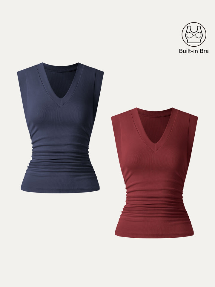 2Pcs Set Brami Stretch Cotton V-neck Side Ruched Muscle Top Retro Red/Navy XS