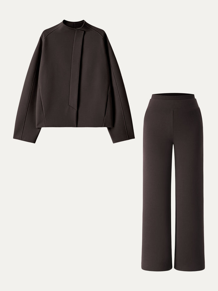2Pcs Set Stand Collar Jacket & Double Waistband Straight Pants with Pockets Espresso XS