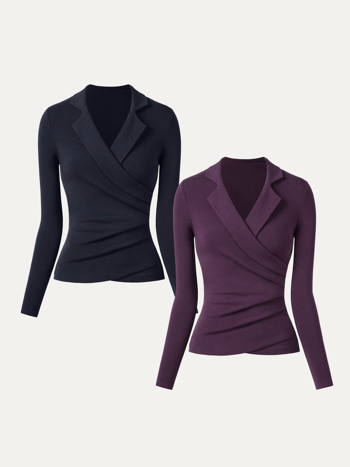 2Pcs Set Collared Surplice Top Midnight Navy/Deep Fig XS
