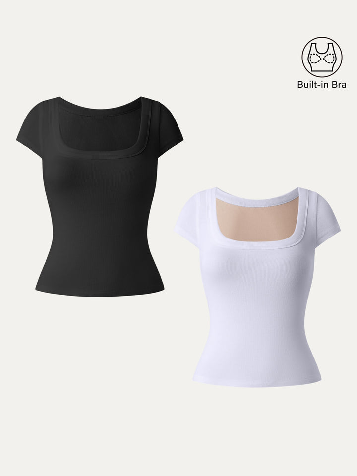 2Pcs Set Stretch Cotton Square Neck Cap Sleeve Brami Black/Powder Lilac XS