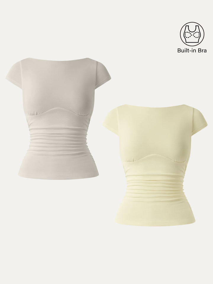2Pcs Set Sandwashed Boatneck Cap Sleeve Ruched Brami Butter Yellow/Morning Mist XS