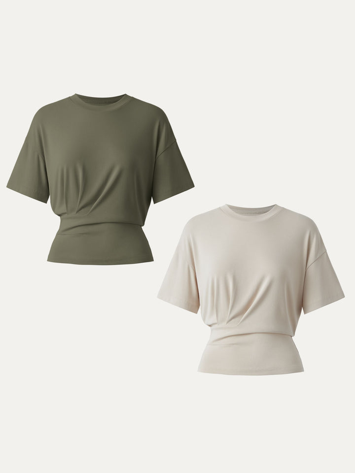 2Pcs Set Sandwashed Crewneck Short Sleeve Tucked Tee Morning Mist/Olive XS