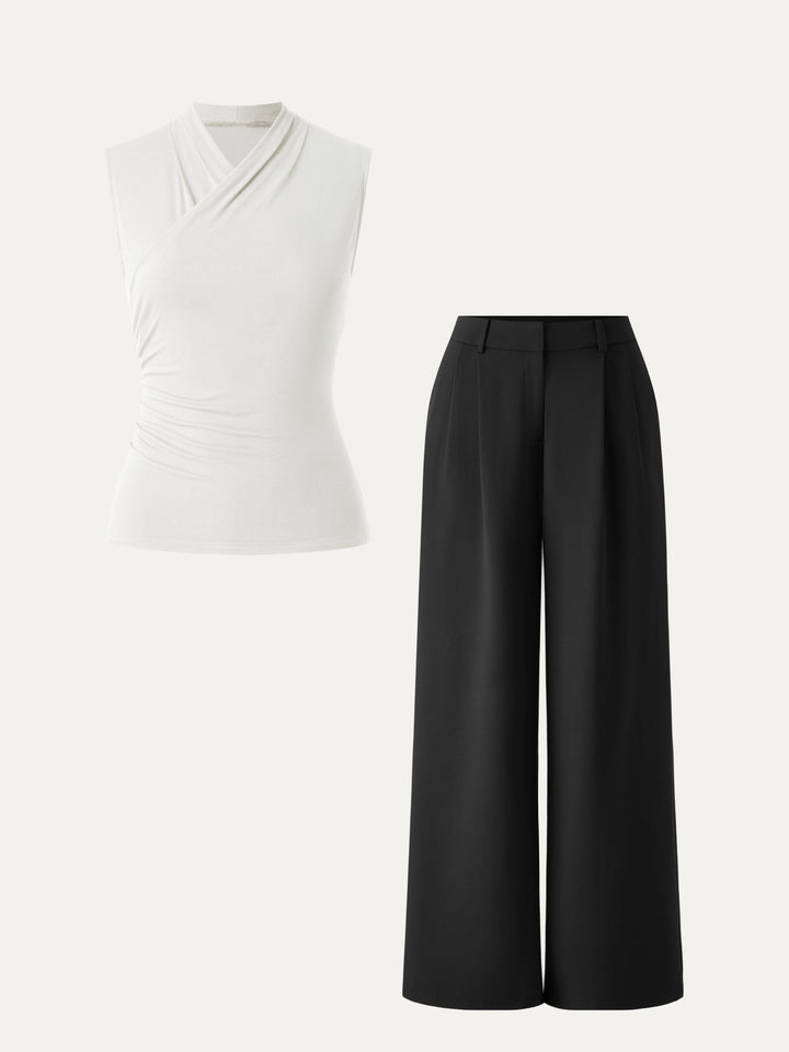 2Pcs Set Surplice Tank & Wide Leg Pant with Pockets