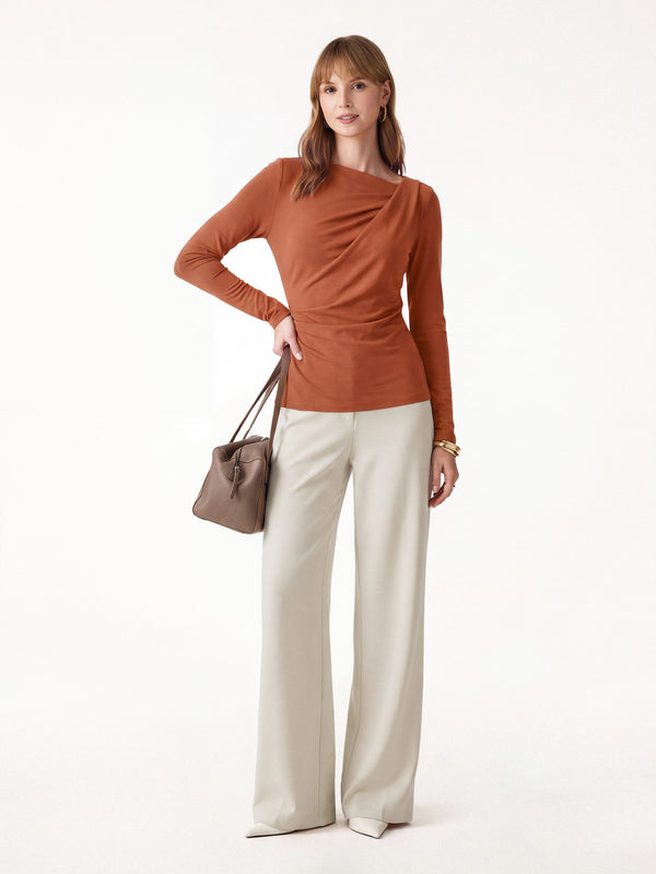 OGLmove 2Pcs Set LiteWarm Asymmetrical Neck Long Sleeve Top & Mid Rise Wide Leg Trouser Savanna Orange/Morning Mist XXS