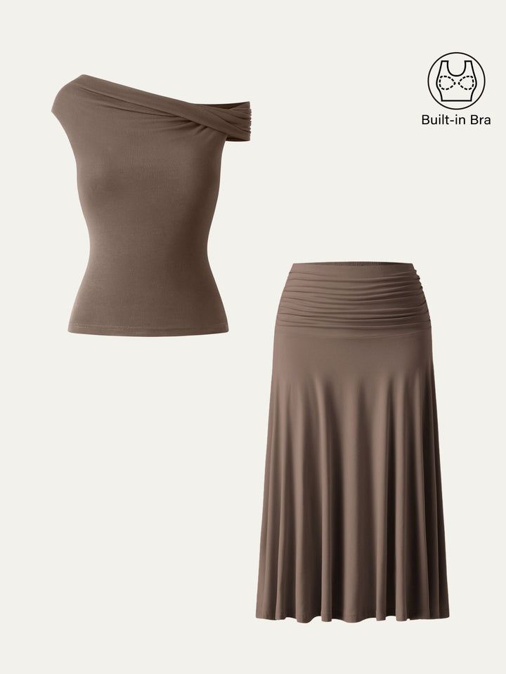 2Pcs Set Multi-wear Necklines Brami Top & Flowy Side Ruched A-line Midi Skirt Iced Mocha XS
