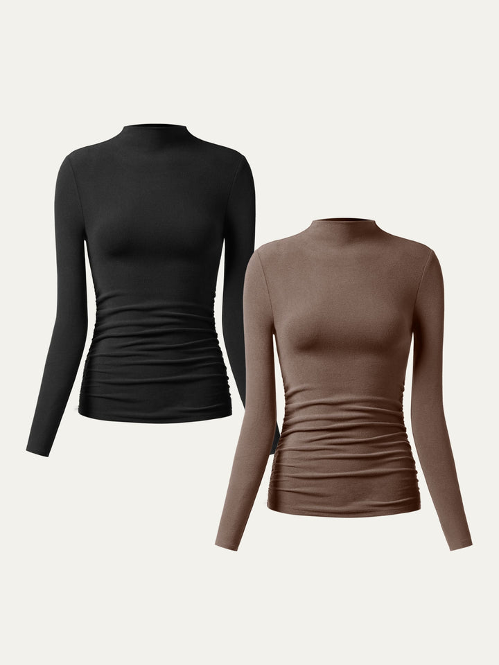 Thermal Ruched Sides Tuckable Mockneck Top Black/Mocha XS