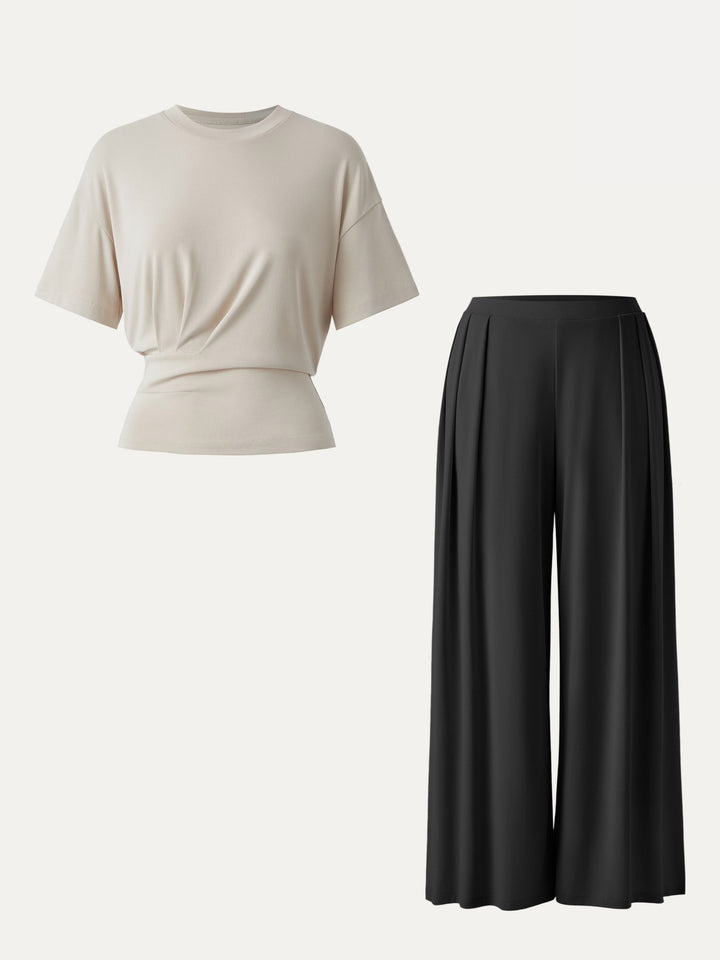 2Pcs Set Sandwashed Crewneck Tee & Mid Rise Pleated Wide Leg Pants with Pockets Black/Morning Mist XS