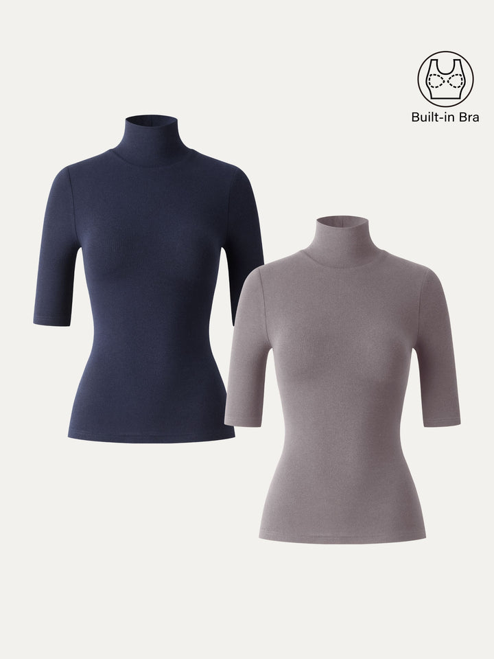 2Pcs Set Essential Turtleneck Elbow Length Sleeve Brami Midnight Navy/Dovetail XS