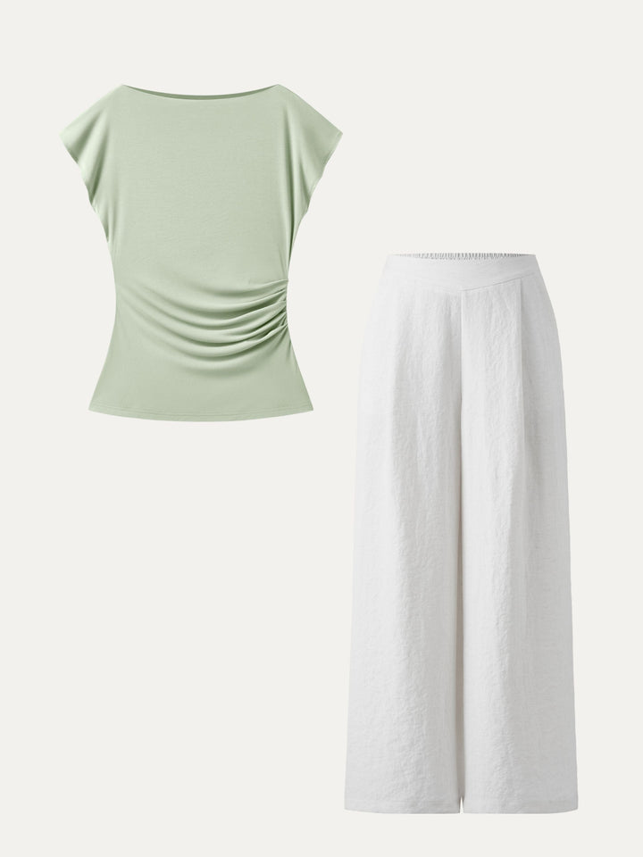 2Pcs Set Boatneck Flutter Sleeve Long Tee & Breezy Linen Wide Leg Pant with Pockets Salvia/Linen White XS