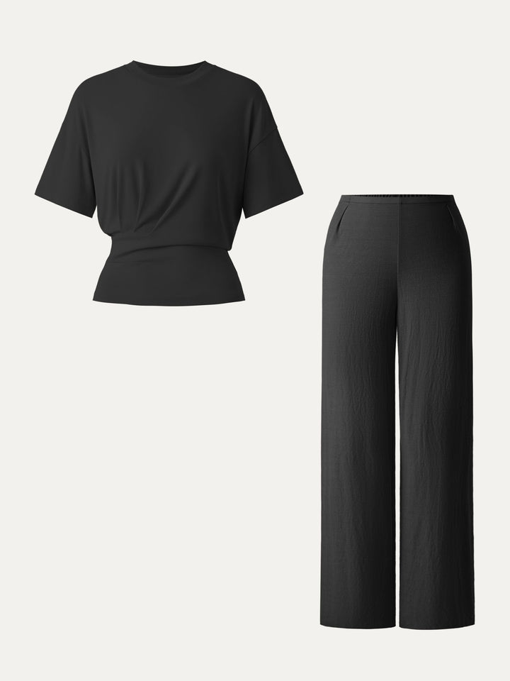2Pcs Set Sandwashed Crewneck Tee & Cotton-linen Mid Rise Straight Leg Pant