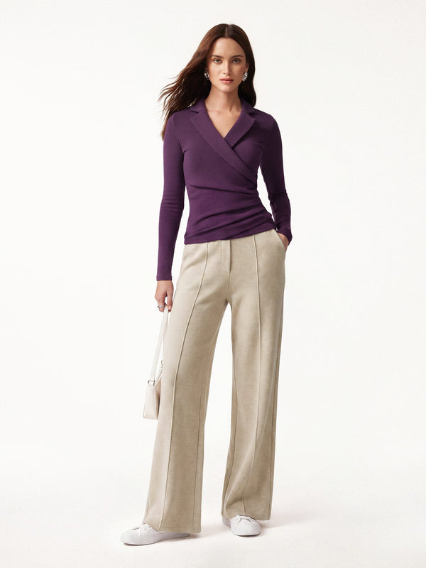 OGLmove 2Pcs Set Collared Surplice Top & High Waisted Straight Leg Pull On Pant Deep Fig/Heather Morganite XXS
