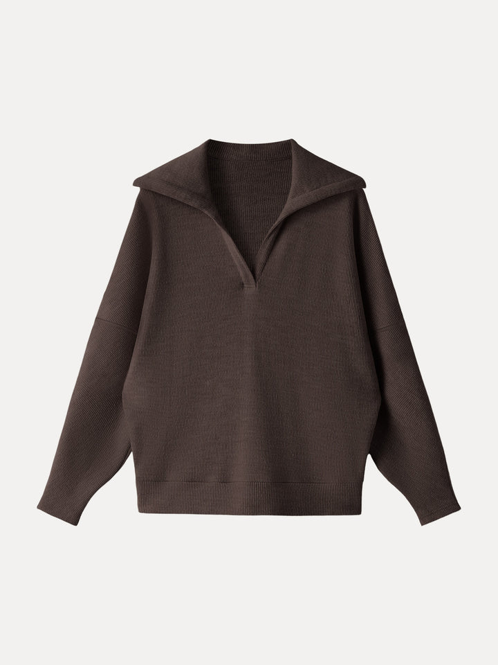 Cozy Collared V-Neck Batwing Sleeve Pullover Black Chocolate XS
