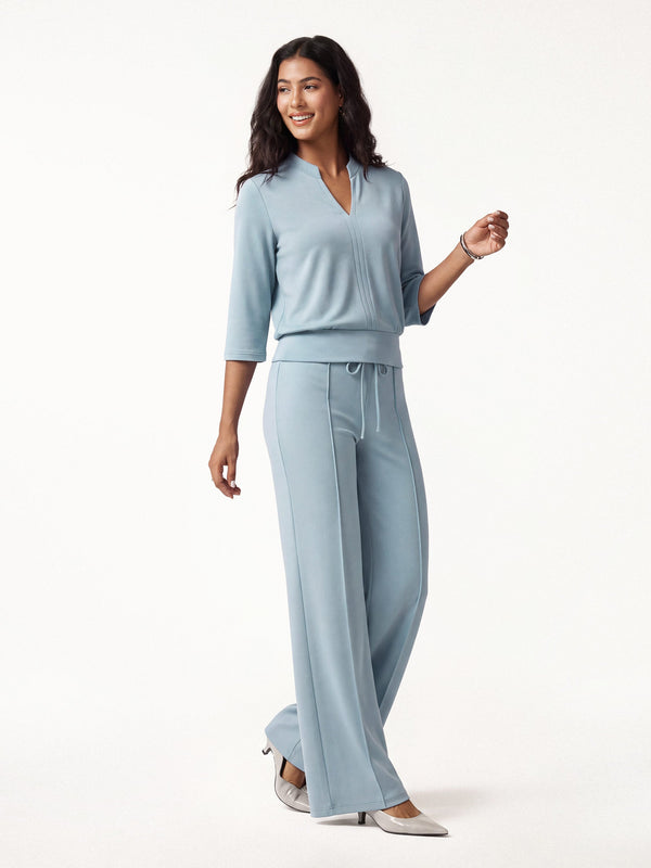 OGLmove 2Pcs Set V-Neck Elbow Sleeve Bam Top & High-Rise Flare Pants with Pockets Dew Foam Blue XXS