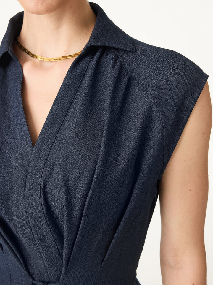 Viscose-Linen Collared V-neck Midi Dress with Drawstring
