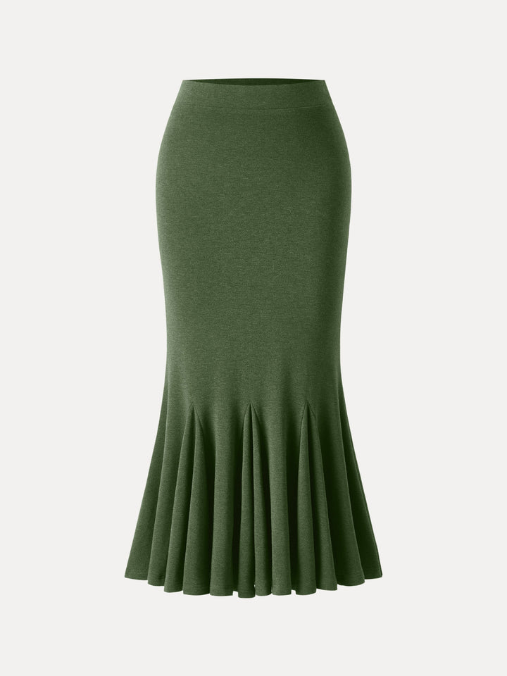 Brushed Inside Mermaid Flare Pull-On Midi Skirt Moss Olive XS