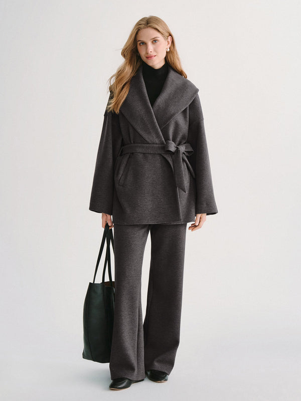 OGLmove 2Pcs Set Belted Shawl Collar Robe Jacket & Mid Rise Straight Pants with Pockets Heather Shadow Grey XXS