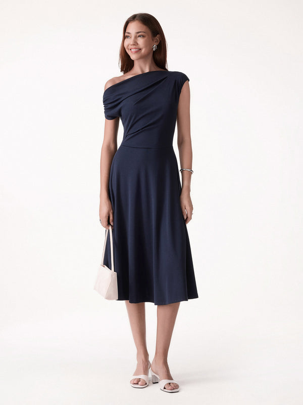 OGLmove Asymmetrical Shoulder Tucked Midi Bra Dress with Pockets
