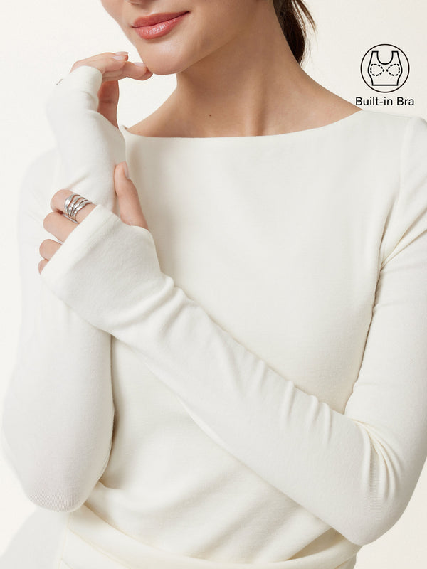 OGLmove LiteWarm Boatneck Thumbhole Long Sleeve Tucked Built-In Bra Top 3.0 Off White XXS