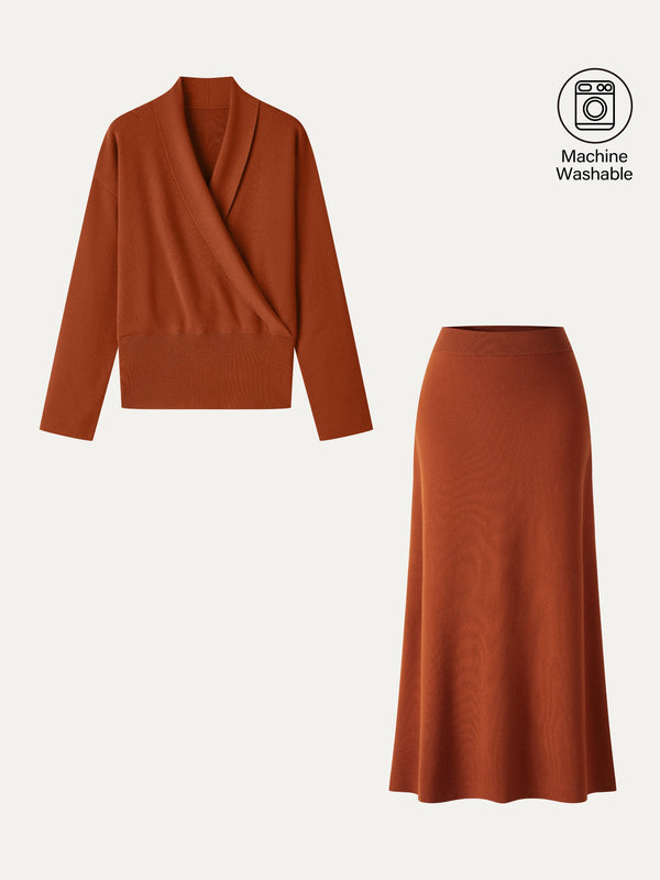 OGLmove 2Pcs Set Merino Wool Blend Cross Shawl Collar Sweater & Drapey High-Rise A-Line Midi Skirt