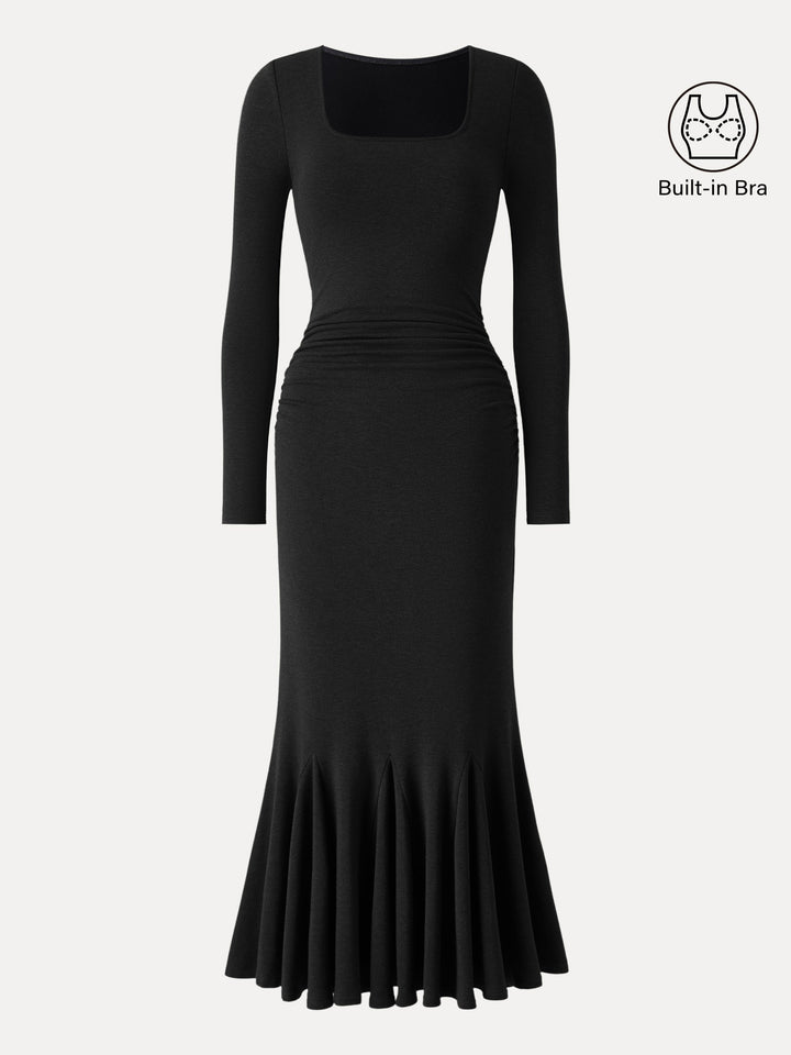 Going-out Square Neck Side Ruched Mermaid Maxi Brami Dress Black XS