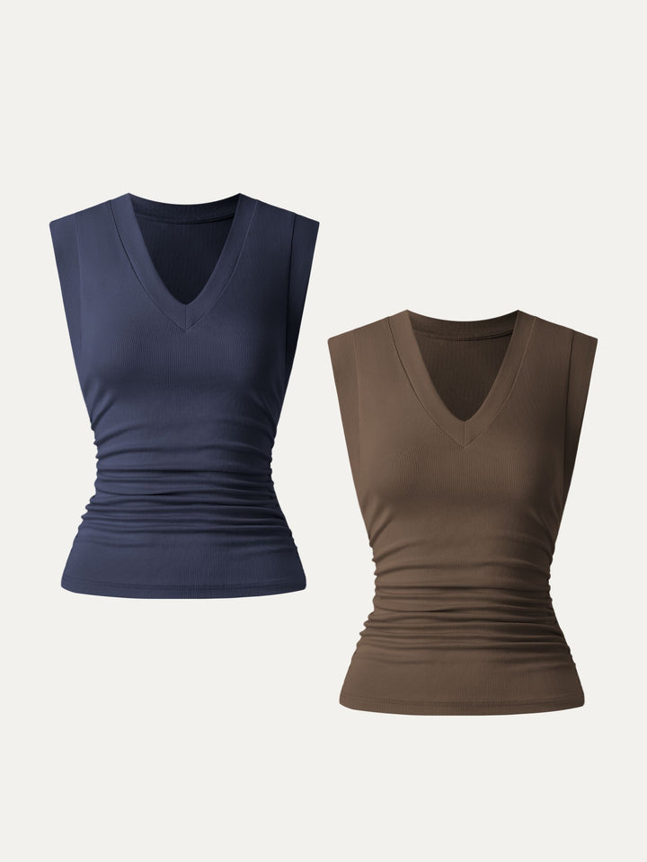 2Pcs Set Stretch Cotton V-neck Side Ruched Muscle Tee Navy/Chestnut XS