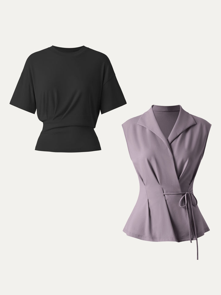2Pcs Set Flap Collar Surplice Top with Drawstring Tie & Crewneck Tucked Tee Black/Taro Purple XS