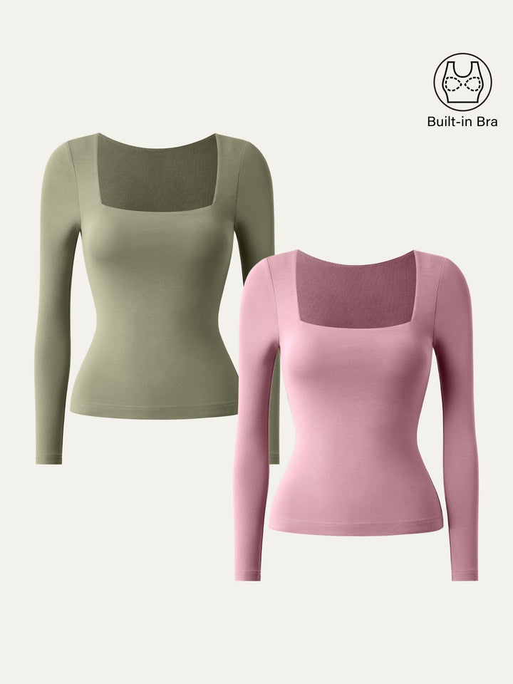 Square Neck Long Sleeve New Airy Brami Tate Olive/Rose Mauve XS