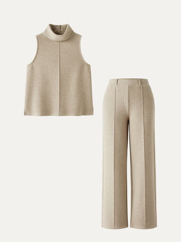 OGLmove 2Pcs Set Petite High Waisted Straight Leg Pant & Split Hem Top