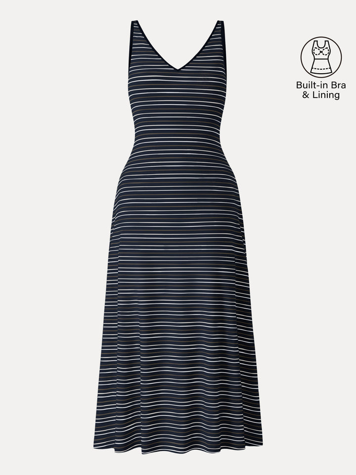V-neck Low Back Striped Midi Brami Dress with Pockets Navy Stripe XS