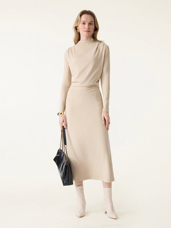 ProWarm Ruched Mockneck Fit-and-Flare Midi Dress Natural Calico XS