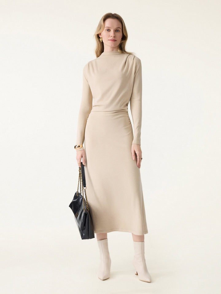 ProWarm Ruched Mockneck Fit-and-Flare Midi Dress Natural Calico XS