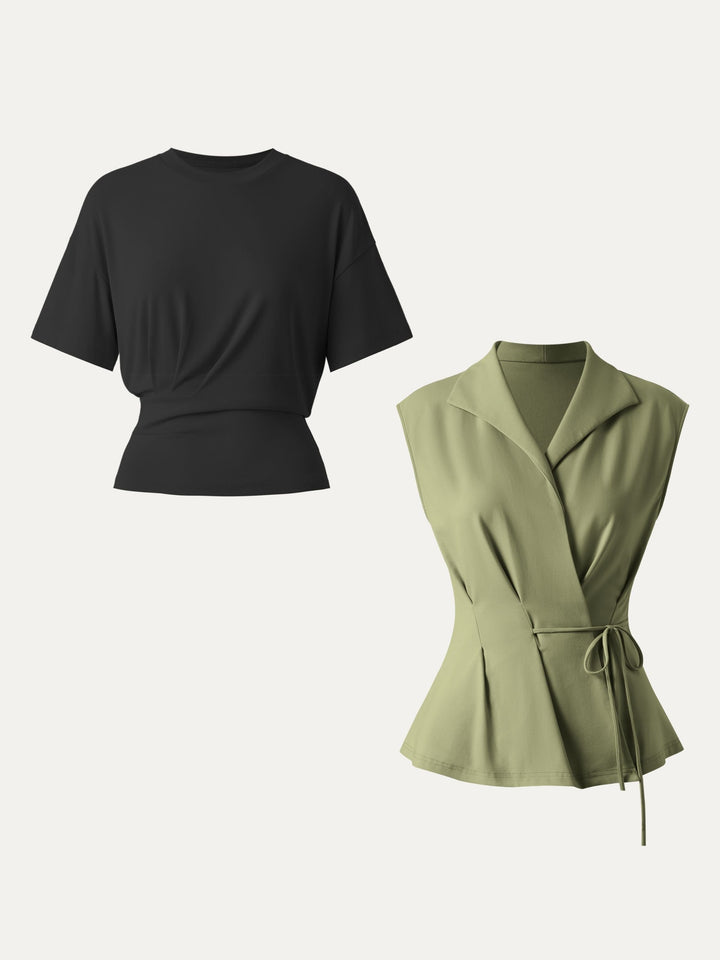 2Pcs Set Flap Collar Surplice Top with Drawstring Tie & Crewneck Tucked Tee Black/Tate Olive XS