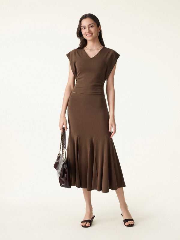 2Pcs Set Cotton Lyocell V-Neck Summer Tee & Flowy Flared Midi Skirt