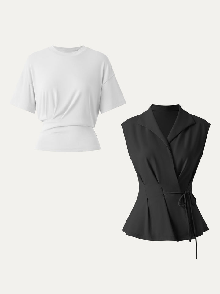 2Pcs Set Flap Collar Surplice Top with Drawstring Tie & Crewneck Tucked Tee White/Black XS