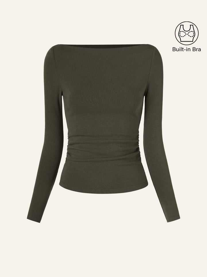 Modern Side Ruched Boatneck Brami Top Forest Olive XS