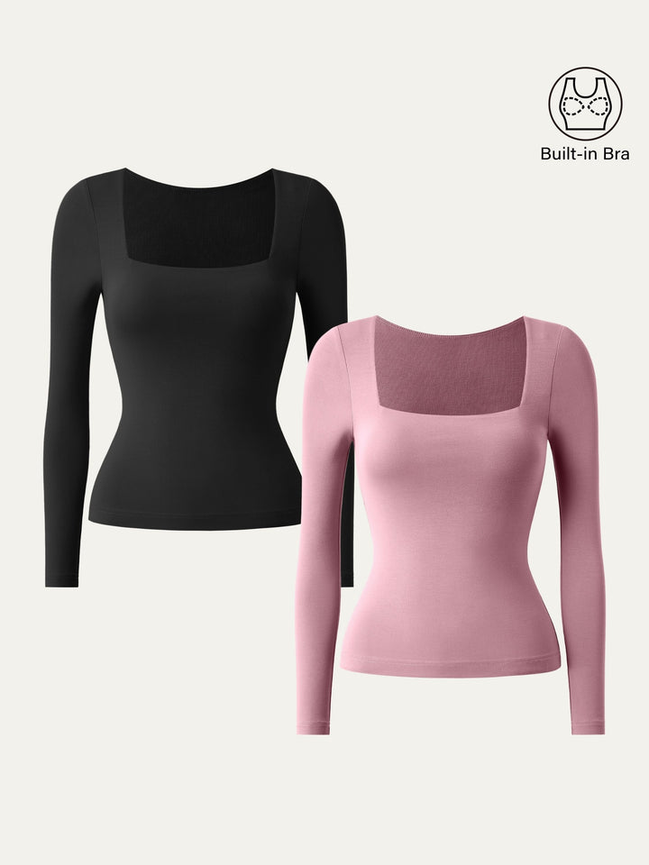 Square Neck Long Sleeve New Airy Brami Black/Rose Mauve XS
