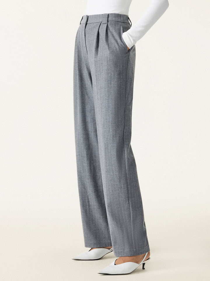 Stretch Striped Mid Rise Wide Leg Trousers with Pockets Battleship Grey Stripe XS