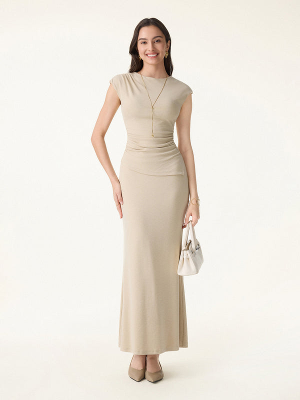 OGLmove 2Pcs Set Cap Sleeve Asymmetrical Bra Top & Mermaid Flare Maxi Skirt Almond Clay Beige XS