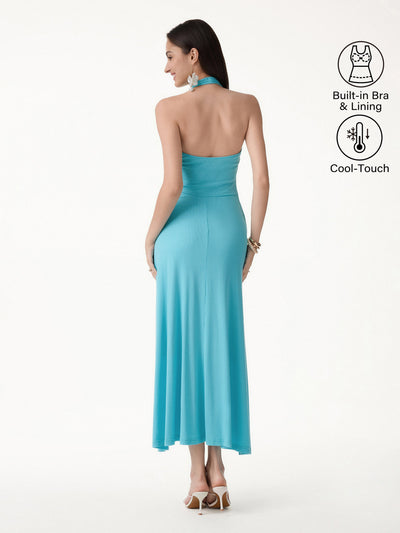 OGLmove CoolTouch Halter A-Line Midi Bra Dress Iced Aqua Blue XS