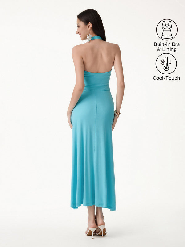 OGLmove CoolTouch Halter A-Line Midi Bra Dress Iced Aqua Blue XS