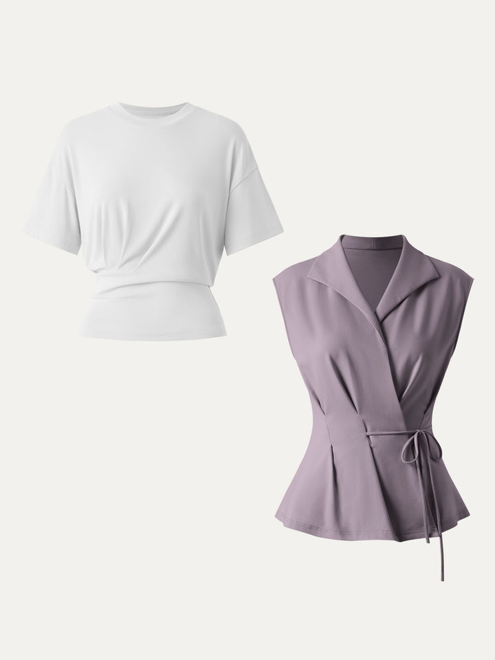 2Pcs Set Flap Collar Surplice Top with Drawstring Tie & Crewneck Tucked Tee White/Taro Purple XS