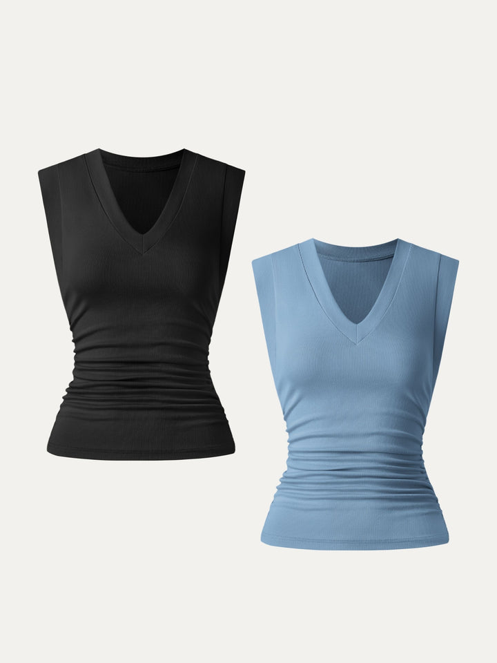 2Pcs Set Stretch Cotton V-neck Side Ruched Muscle Tee Black/Dusk Blue XS