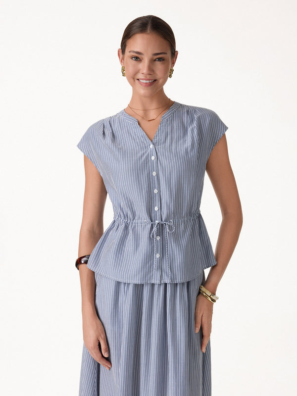 OGLmove V-Neck Drawstring Waist Poplin Shirt Navy/White Stripe XS
