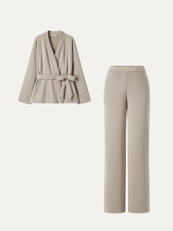 OGLmove 2Pcs Set MaxWarm Belted Wrap Cardigan Coat with Poclets & High-Rise Straight-Leg Pants with Pockets