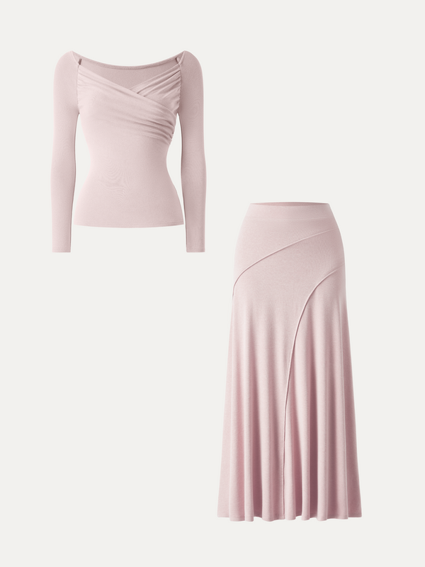 OGLmove 2Pcs Set Surplice Long Sleeve Ruched Top & A-Line Midi Skirt