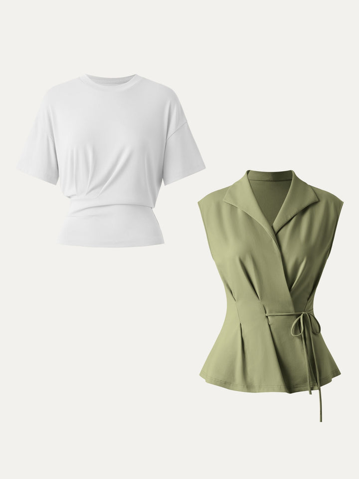 2Pcs Set Flap Collar Surplice Top with Drawstring Tie & Crewneck Tucked Tee White/Tate Olive XS