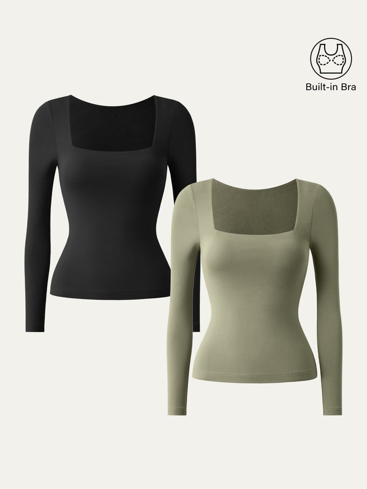 Square Neck Long Sleeve New Airy Brami Black/Tate Olive XS
